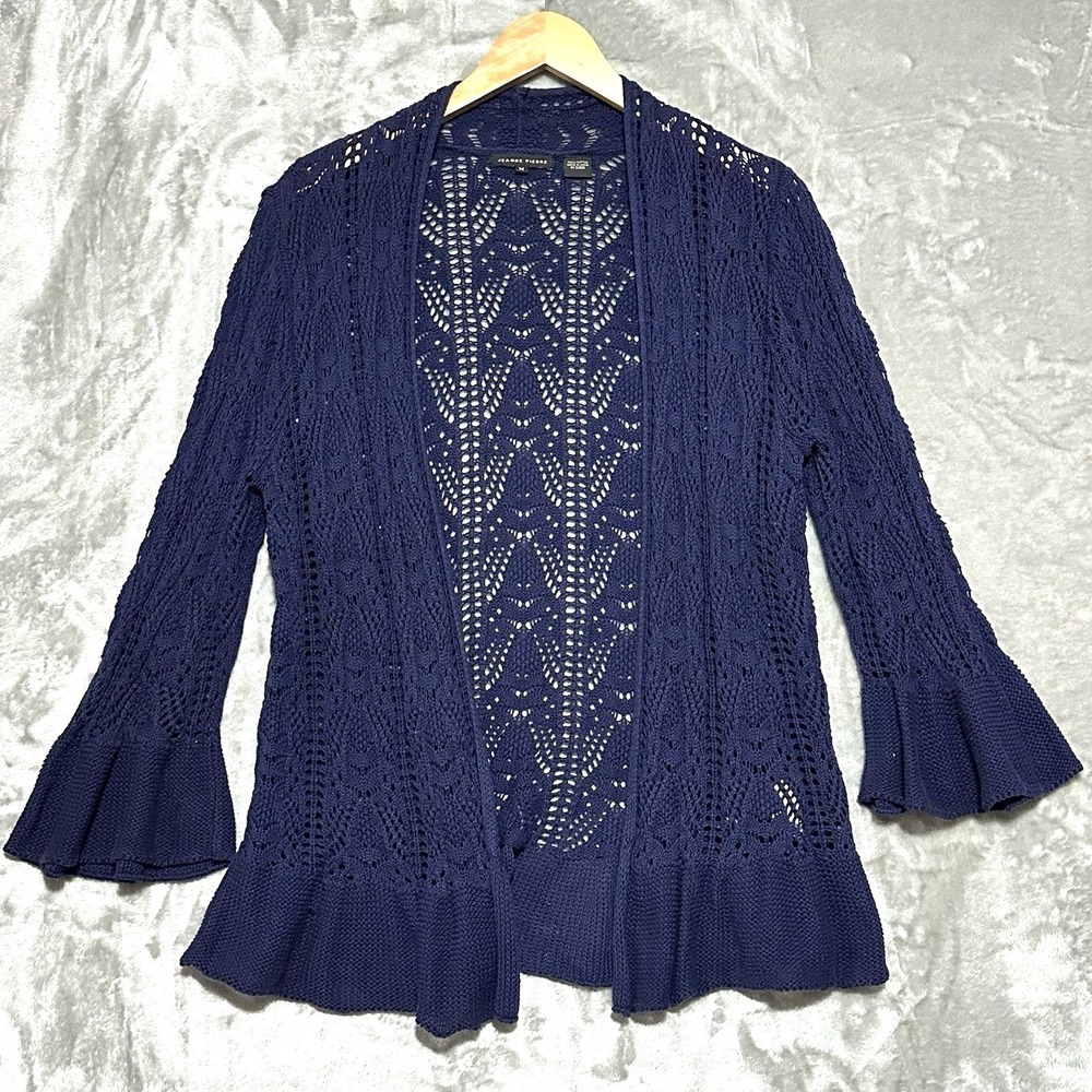 Jeanne Pierre Cardigan Sweater Open Crochet Knit Womens Medium‎ Blue Indie Boho